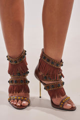 AZALEA WANG ANTOINE BROWN FRINGE AND GOLD EMBELLISHED STILETTO HEEL