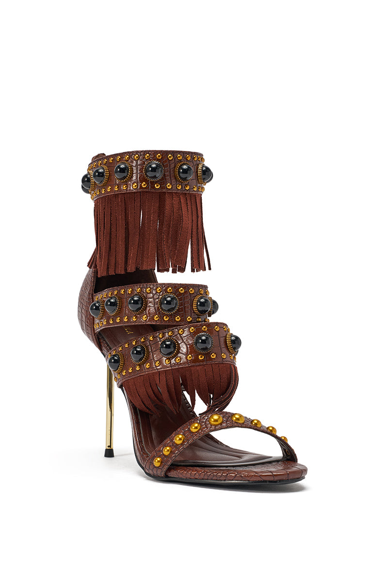 AZALEA WANG ANTOINE BROWN FRINGE AND GOLD EMBELLISHED STILETTO HEEL