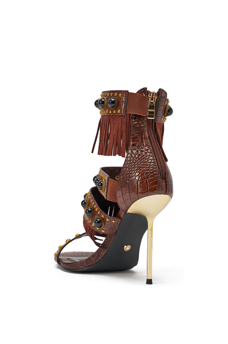 AZALEA WANG ANTOINE BROWN FRINGE AND GOLD EMBELLISHED STILETTO HEEL