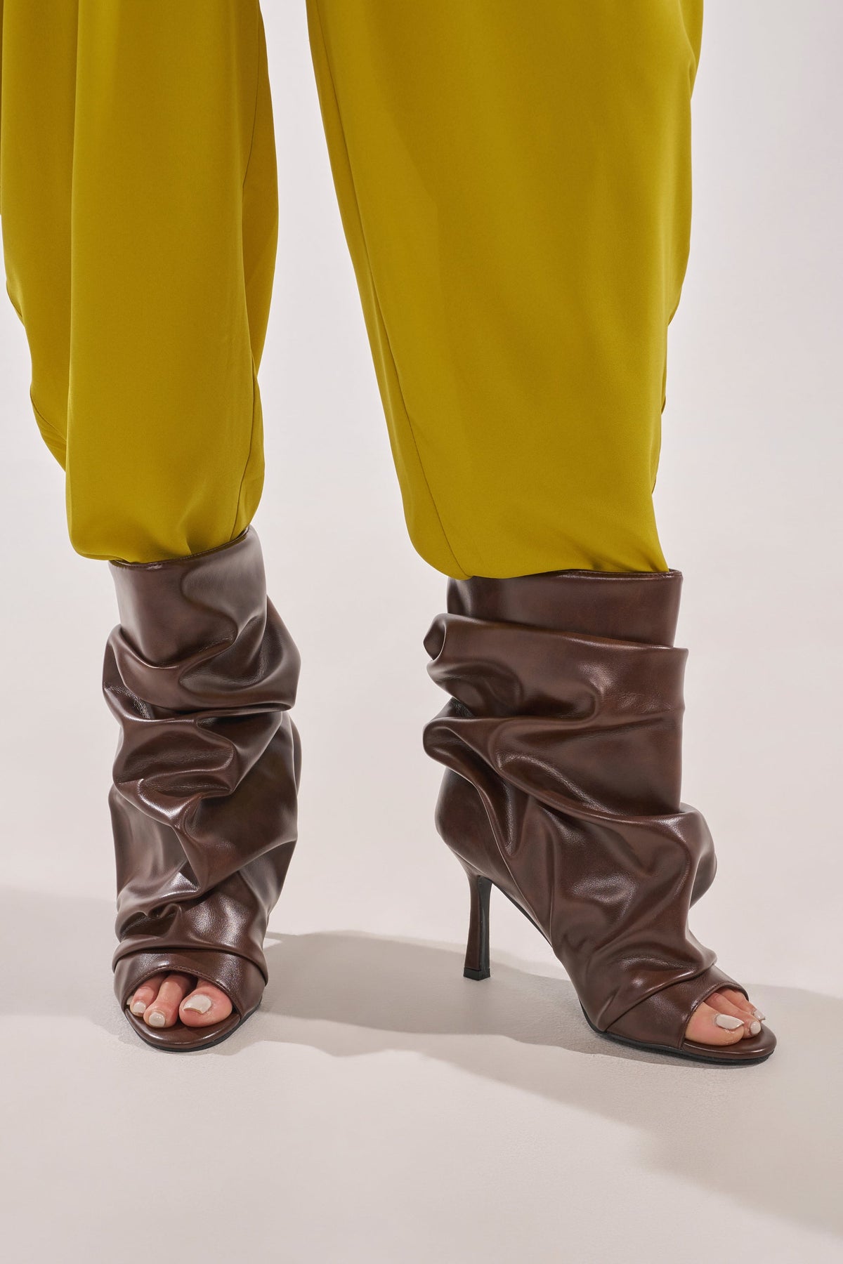AZALEA WANG APEX BROWN SLOUCHY OPEN TOE BOOTIE