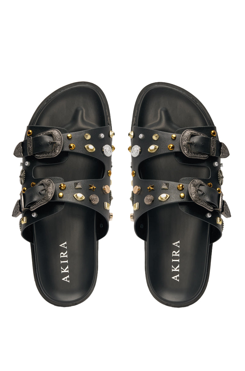 AKIRA BARCLAY BLACK METAL EMBELLISHED SLIP ON FLAT SANDAL
