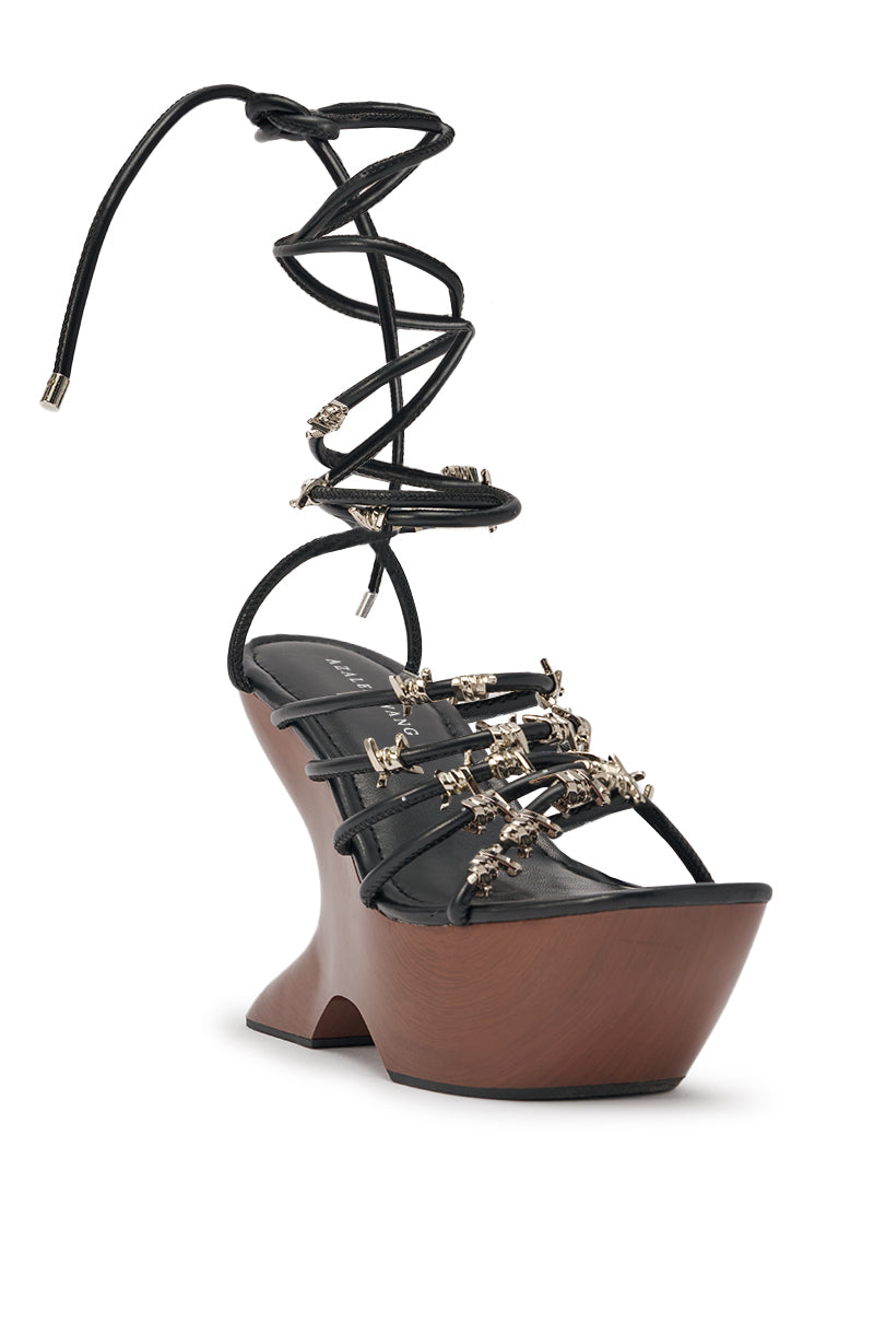AKIRA GOLD BARRICADE BLACK SILVER HARDWARE NOVELTY WEDGE SANDAL