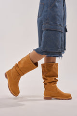 AKIRA GOLD BARTLETT TAN FLAT RUCHED BOOTIE
