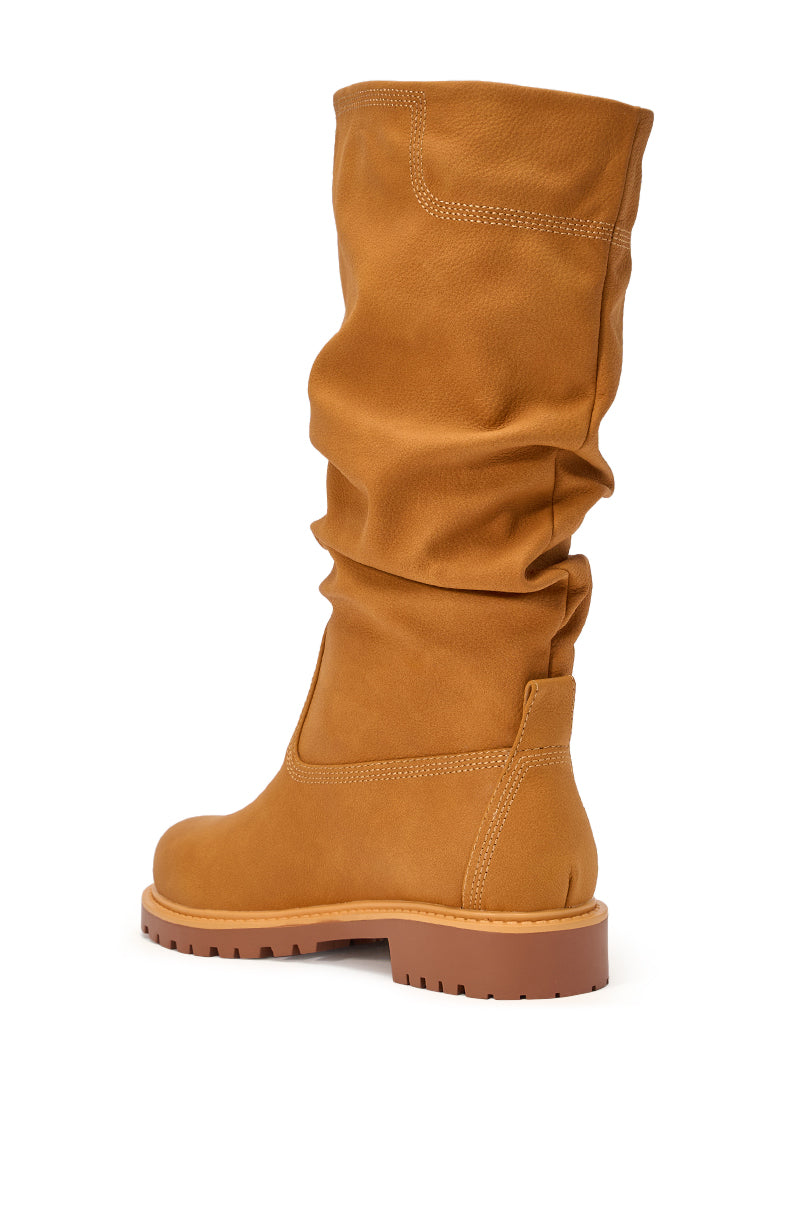 AKIRA GOLD BARTLETT TAN FLAT RUCHED BOOTIE