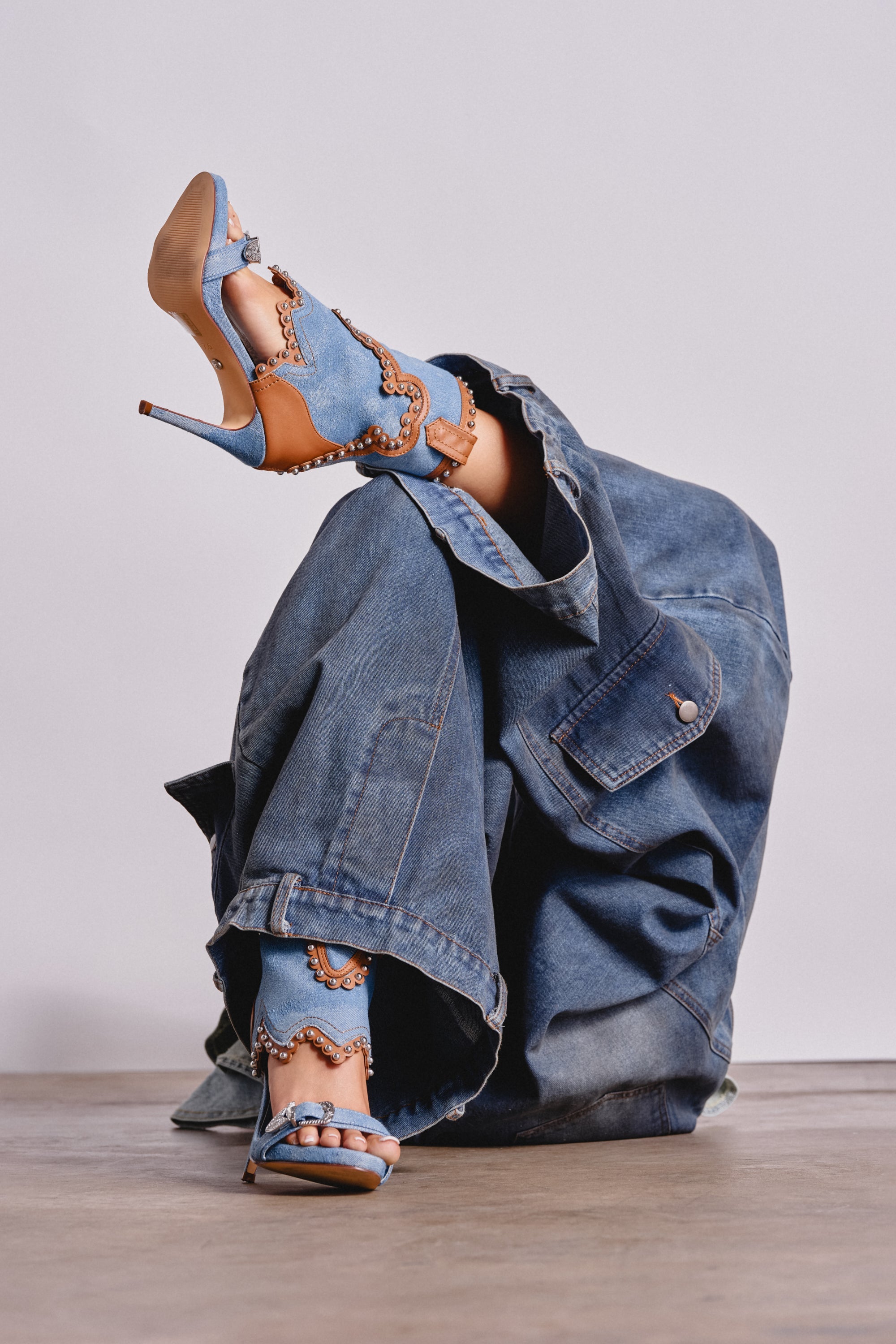 AZALEA WANG CAPRIZIA DENIM WESTERN NOVELTY STUDDED STILETTO SANDAL