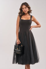 KNOW YOUR WORTH TULLE MIDI DRESS IN BLACK