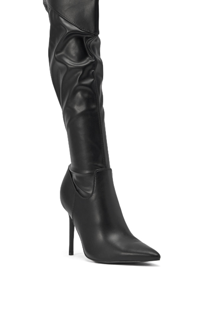 AKIRA GOLD CHROMEA BLACK THIGH HIGH STILETTO BOOT