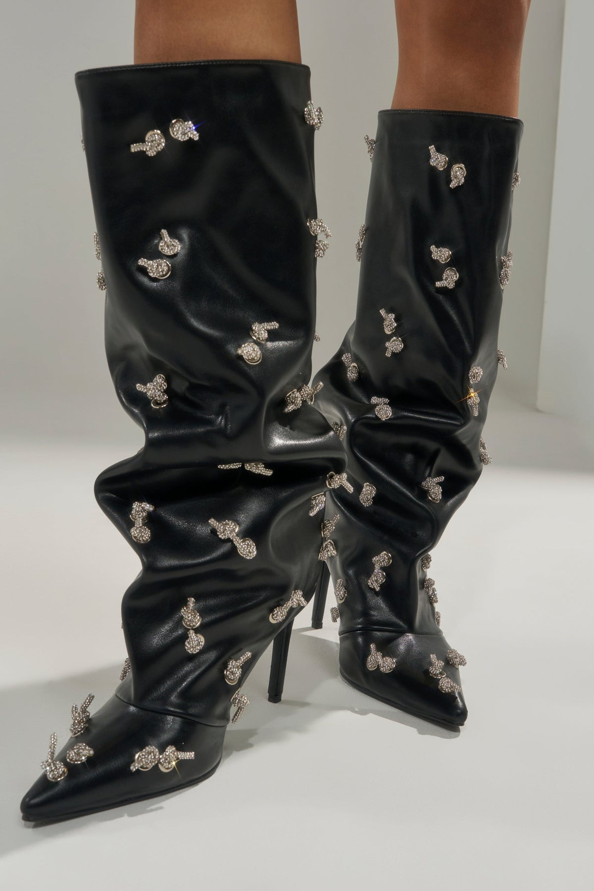 AZALEA WANG COLEMAN STILETTO SILVER HARDWARE BLACK PU BOOT