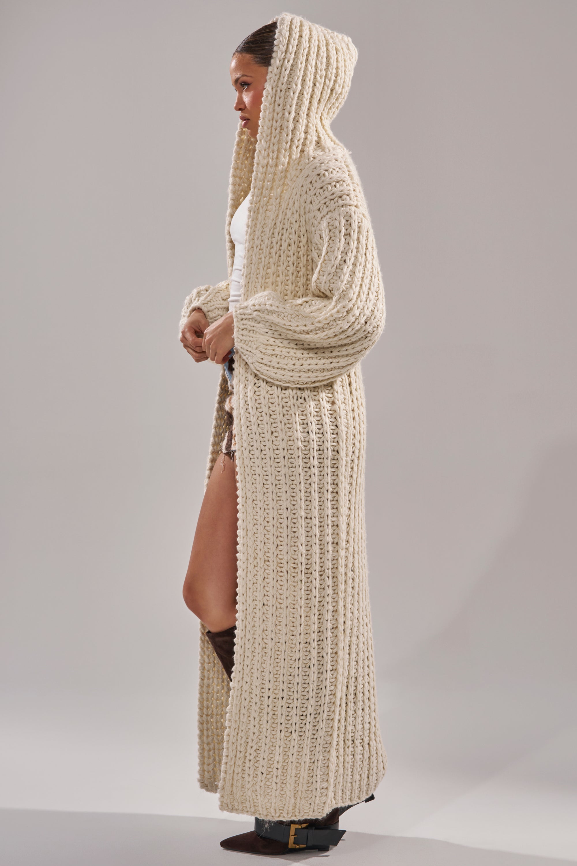 COZY CROCHET LONG HOODED CARDIGAN