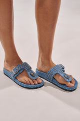AZALEA WANG DAISY CHAIN DENIM STUDDED FLAT SANDAL