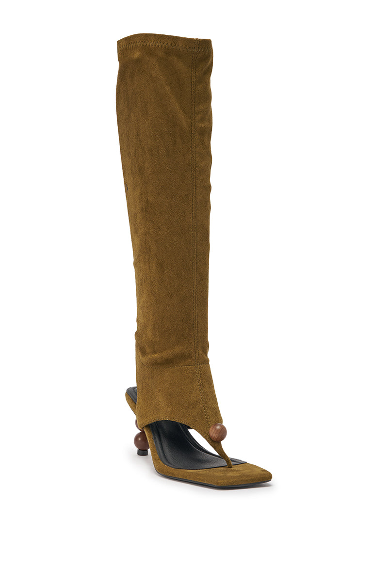 AZALEA WANG DOTTIE OLIVE STRETCH FAUX SUEDE BOOT WITH EMBELLISHED HEEL AND TOE HARDWARE