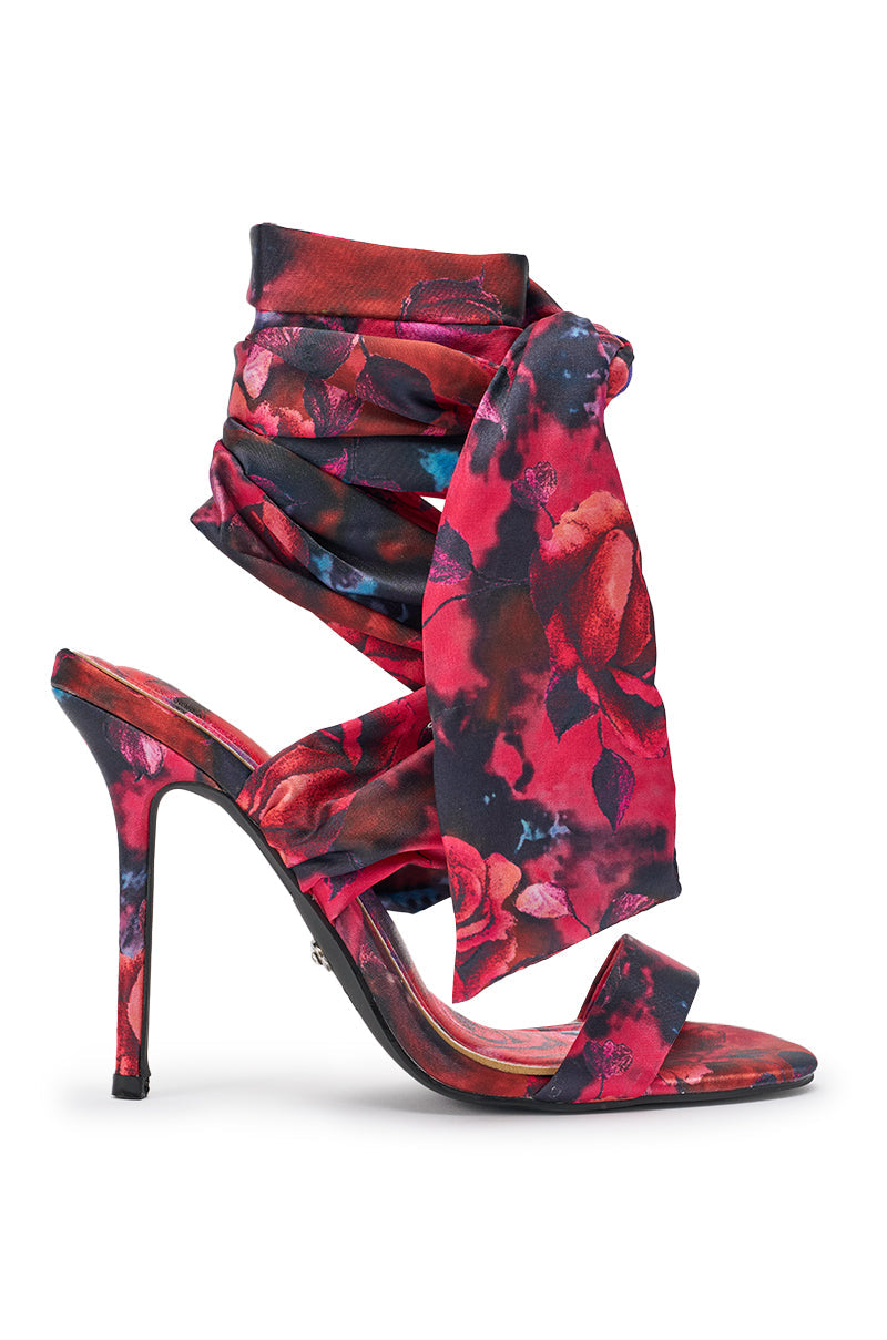 AZALEA WANG ELZON RED SATIN STILETTO FLORAL PRINT SANDAL