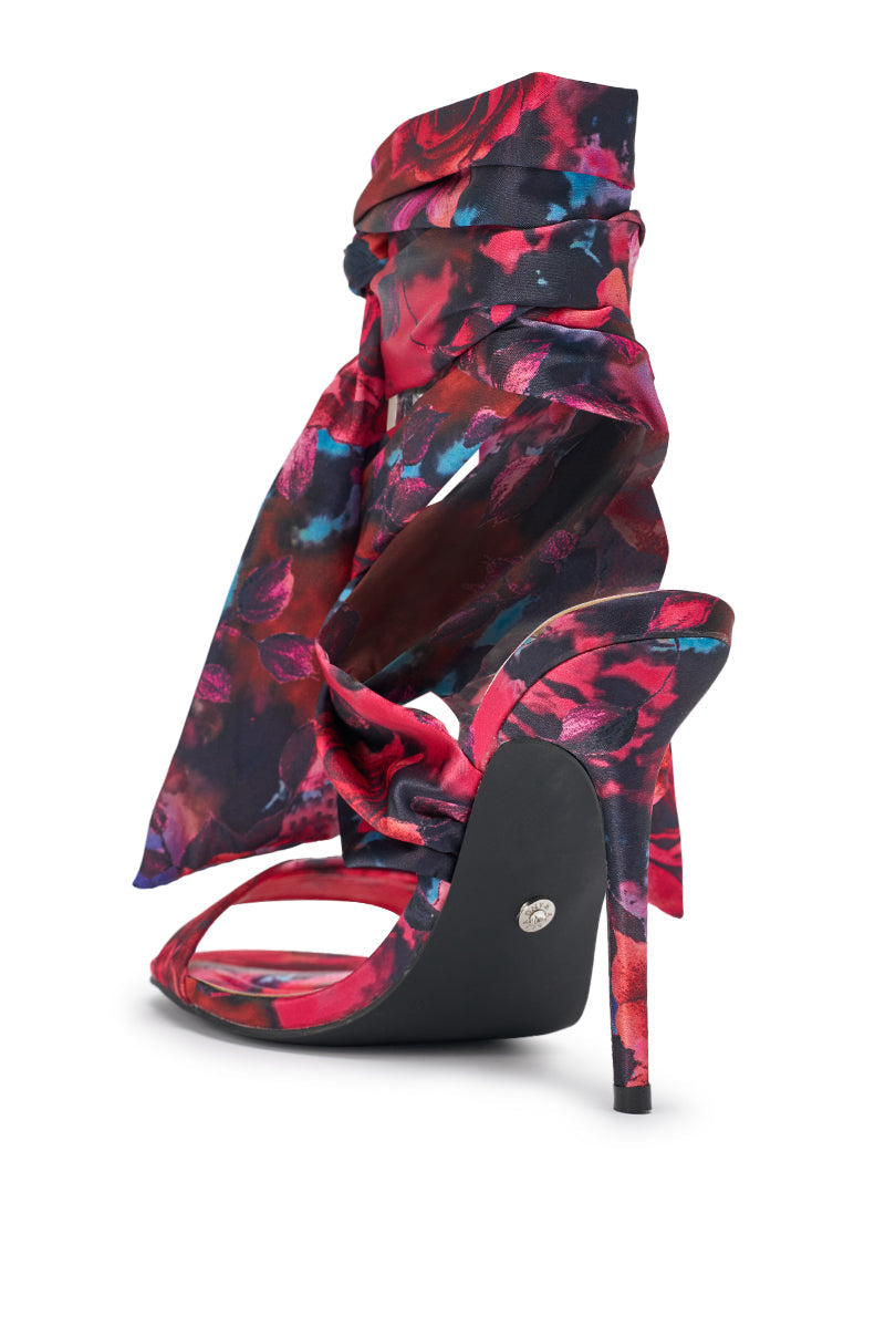 AZALEA WANG ELZON RED SATIN STILETTO FLORAL PRINT SANDAL