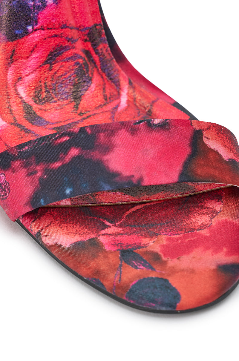 AZALEA WANG ELZON RED SATIN STILETTO FLORAL PRINT SANDAL