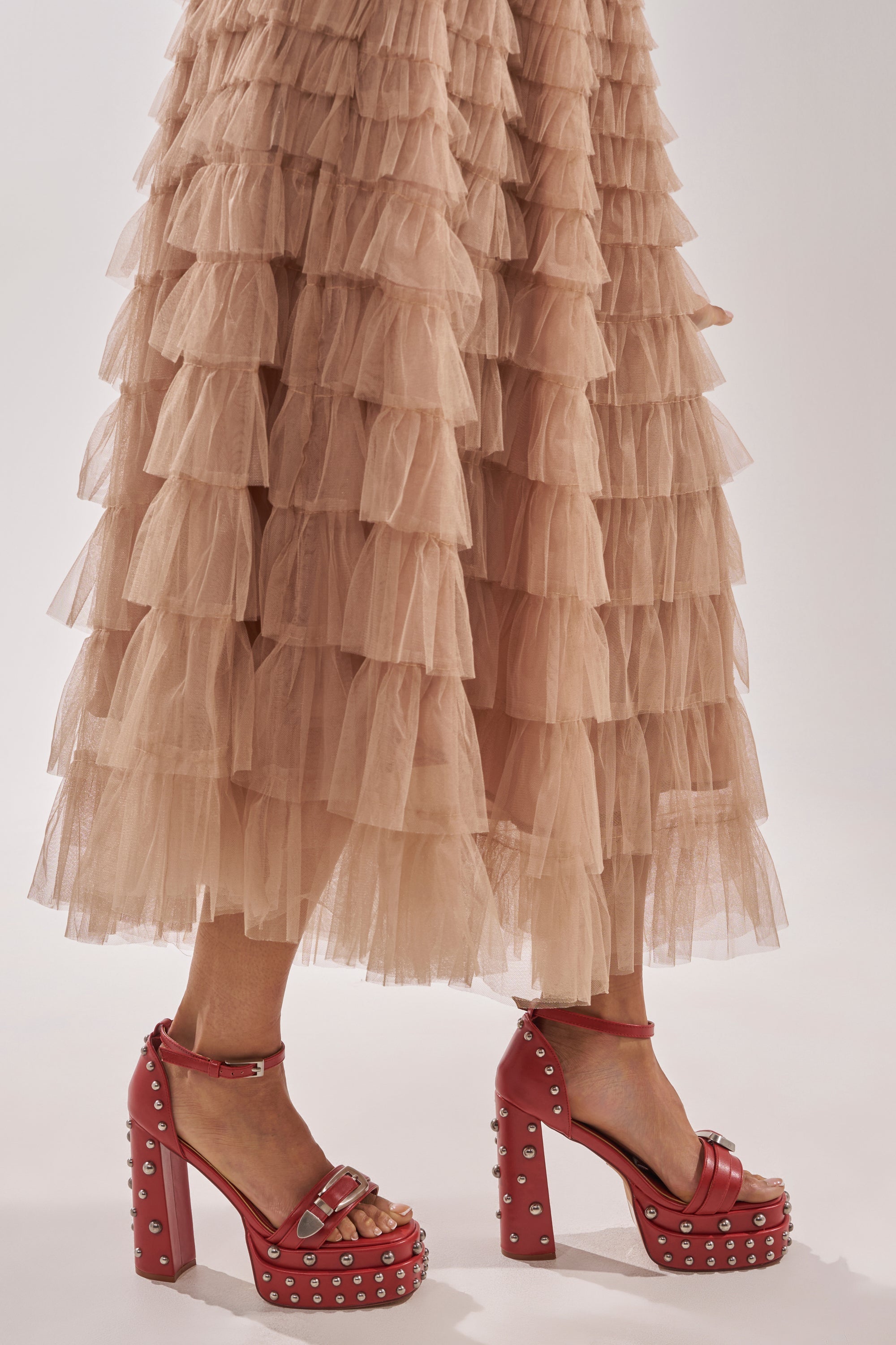 AZALEA WANG EUGENIJA RED CHUNKY EMBELLISHED STUDDED SANDAL