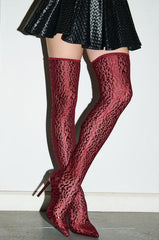 AZALEA WANG NEW FREYJA BURGUNDY LEOPARD LACE STILETTO THIGH HIGH
