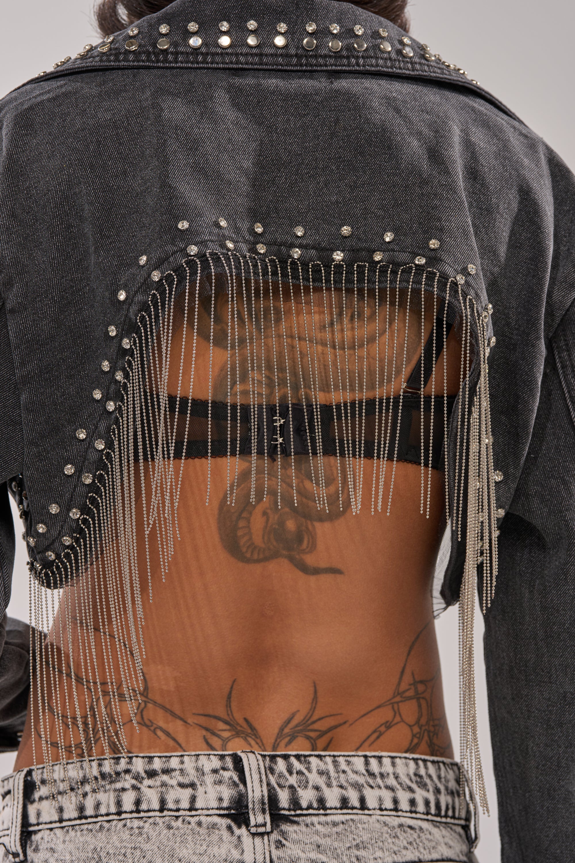 WATERFALL FRINGE CROPPED DENIM JACKET