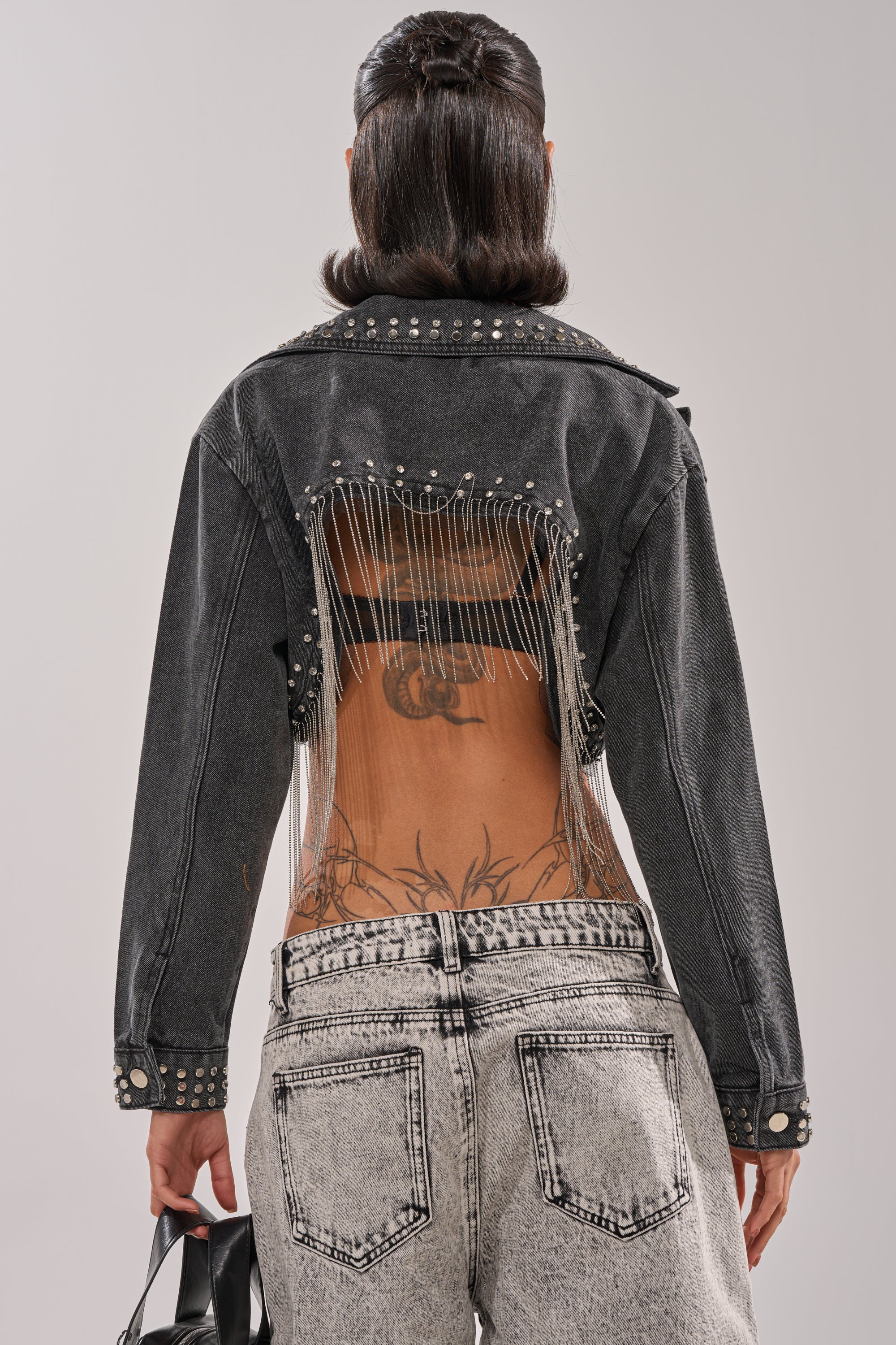 WATERFALL FRINGE CROPPED DENIM JACKET