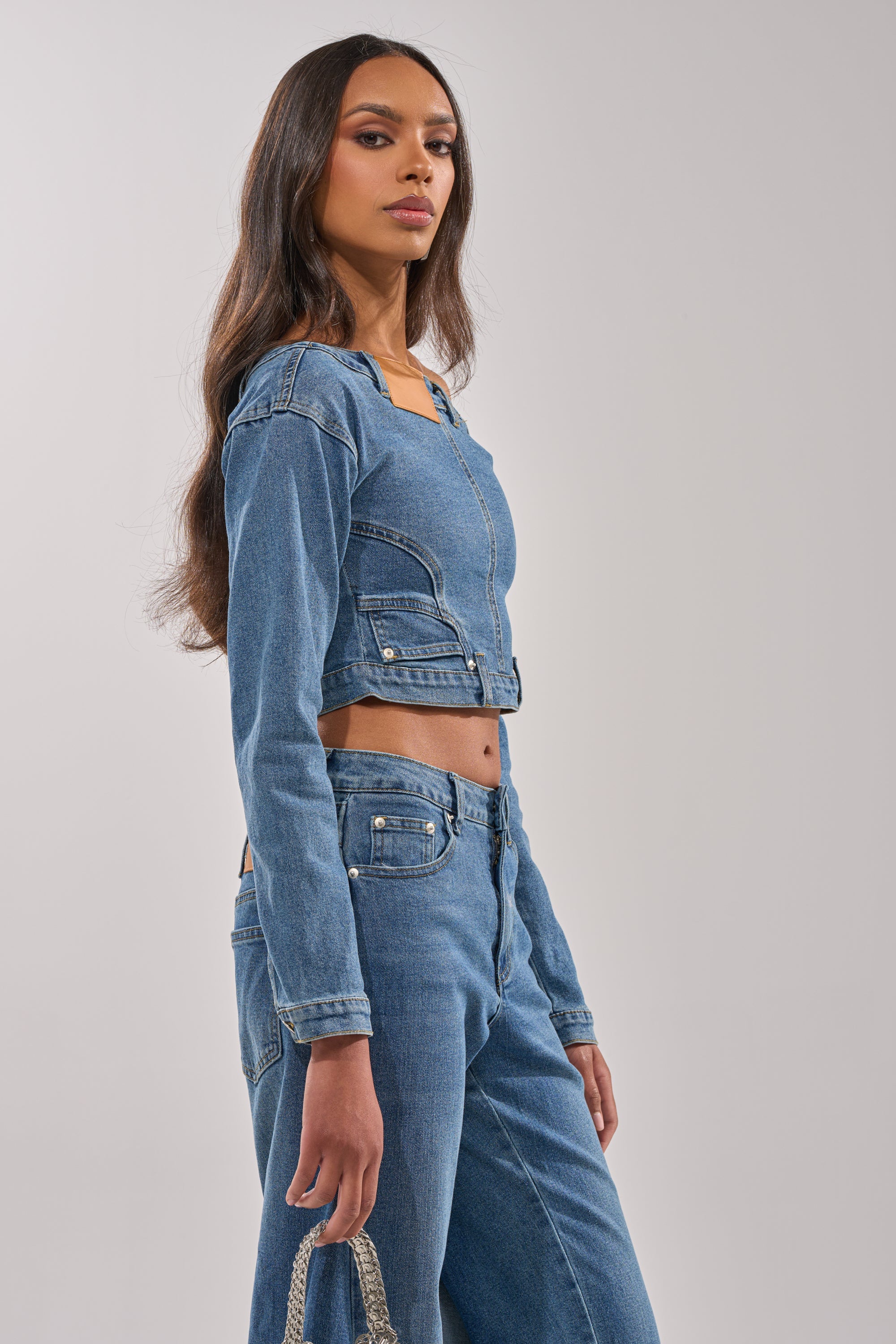 SHAKE IT OFF DENIM OFF THE SHOULDER TOP