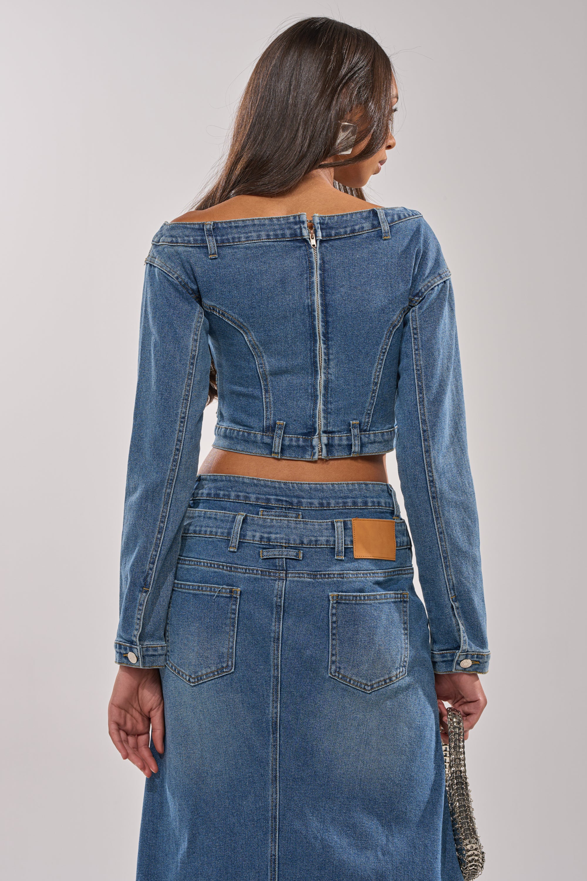 SHAKE IT OFF DENIM OFF THE SHOULDER TOP