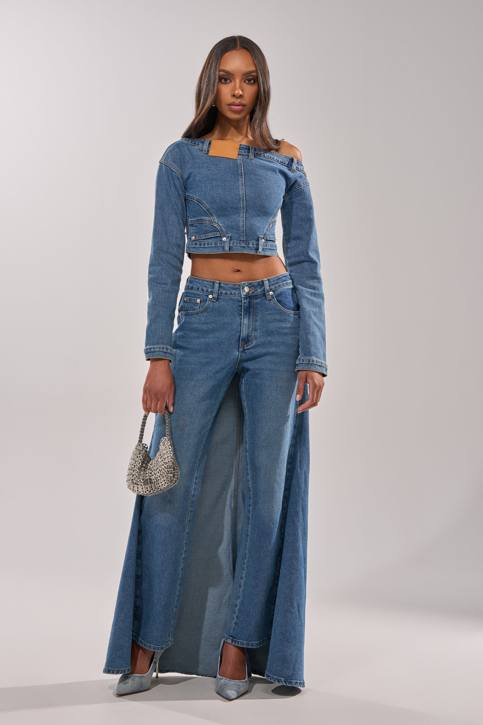 SHAKE IT OFF DENIM OFF THE SHOULDER TOP