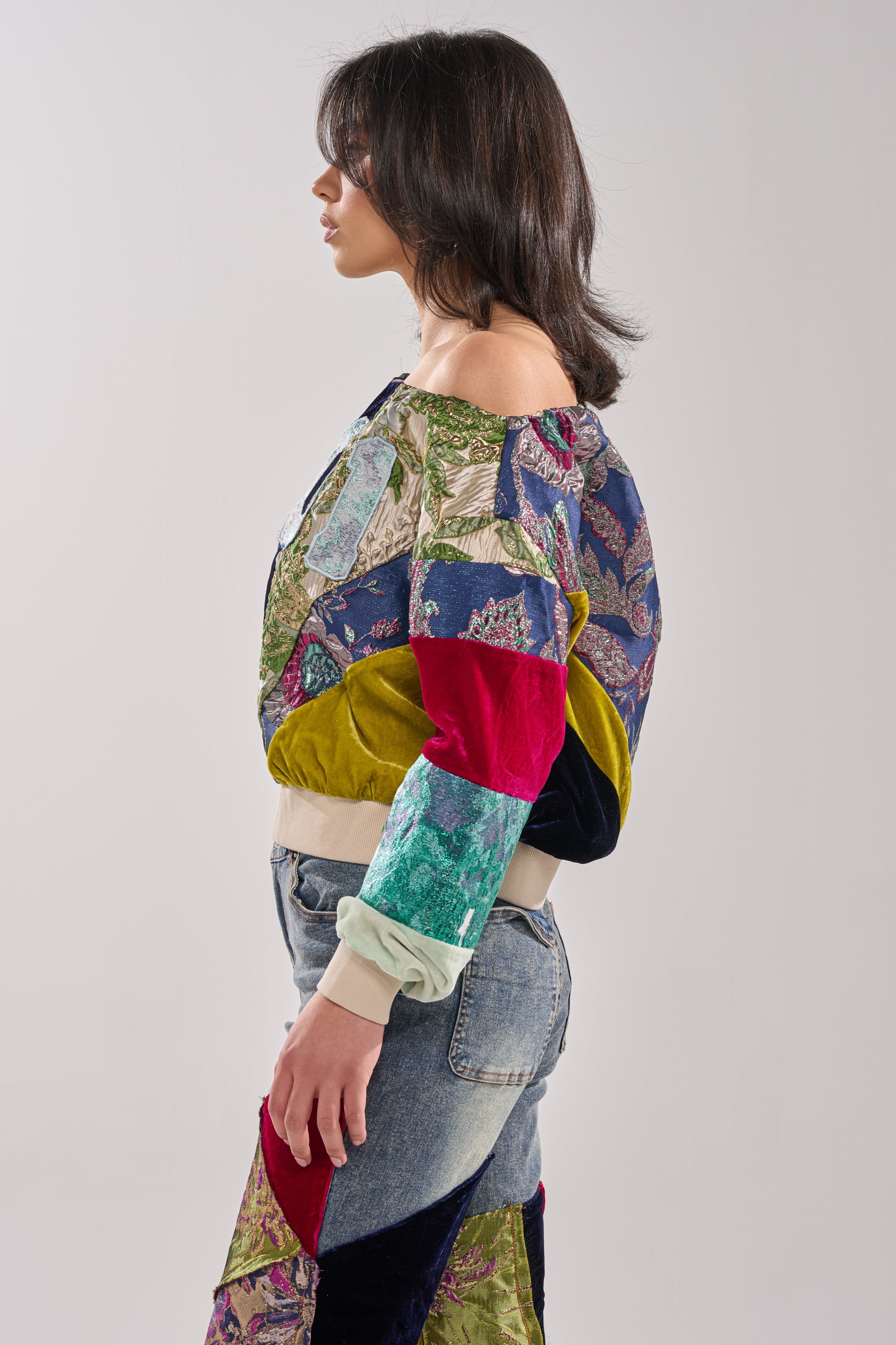 MIXED EMOTION BROCADE PATCHWORK SWEATSHIRT