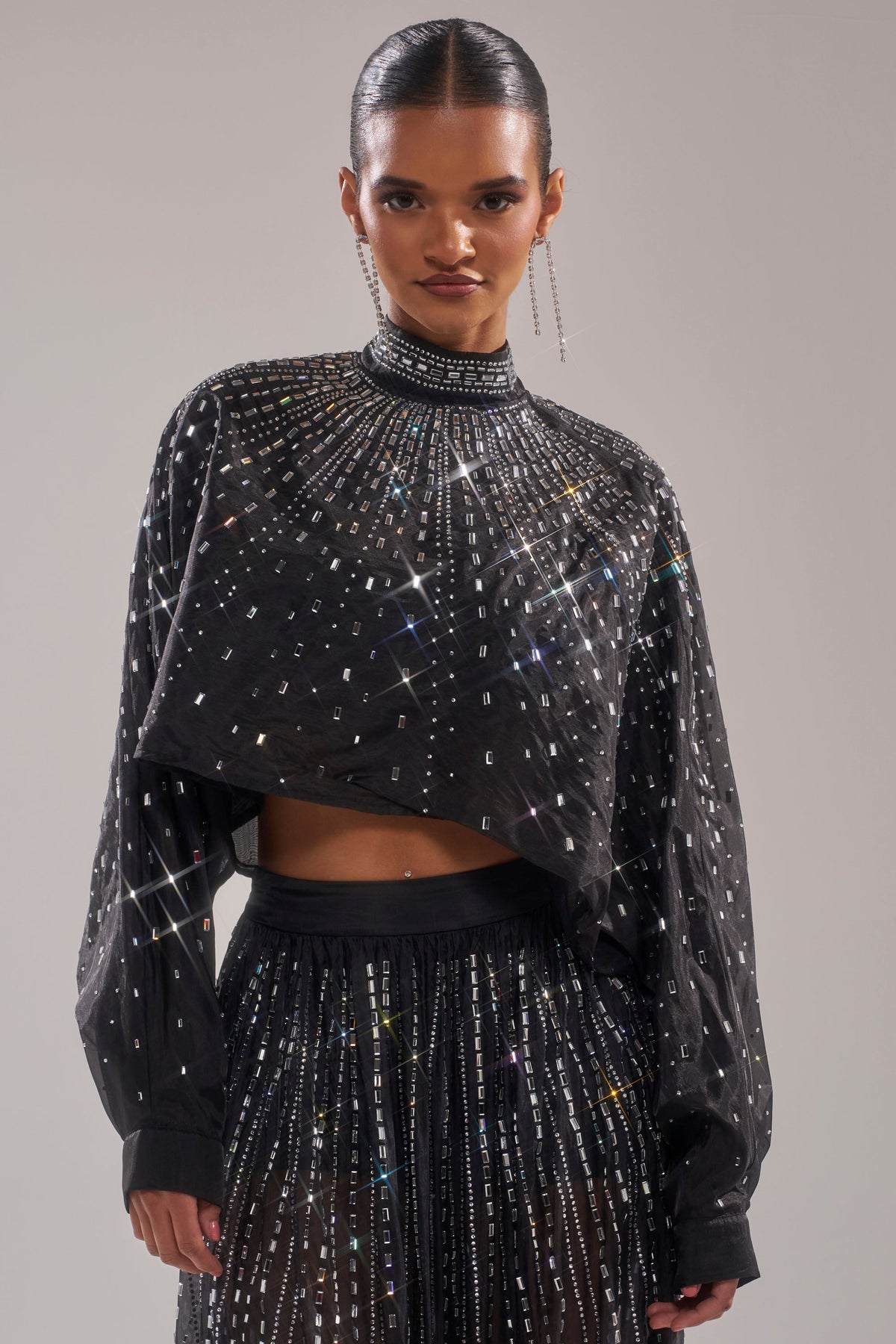 GLAMOROUS RHINESTONE MOCK NECK BLOUSE