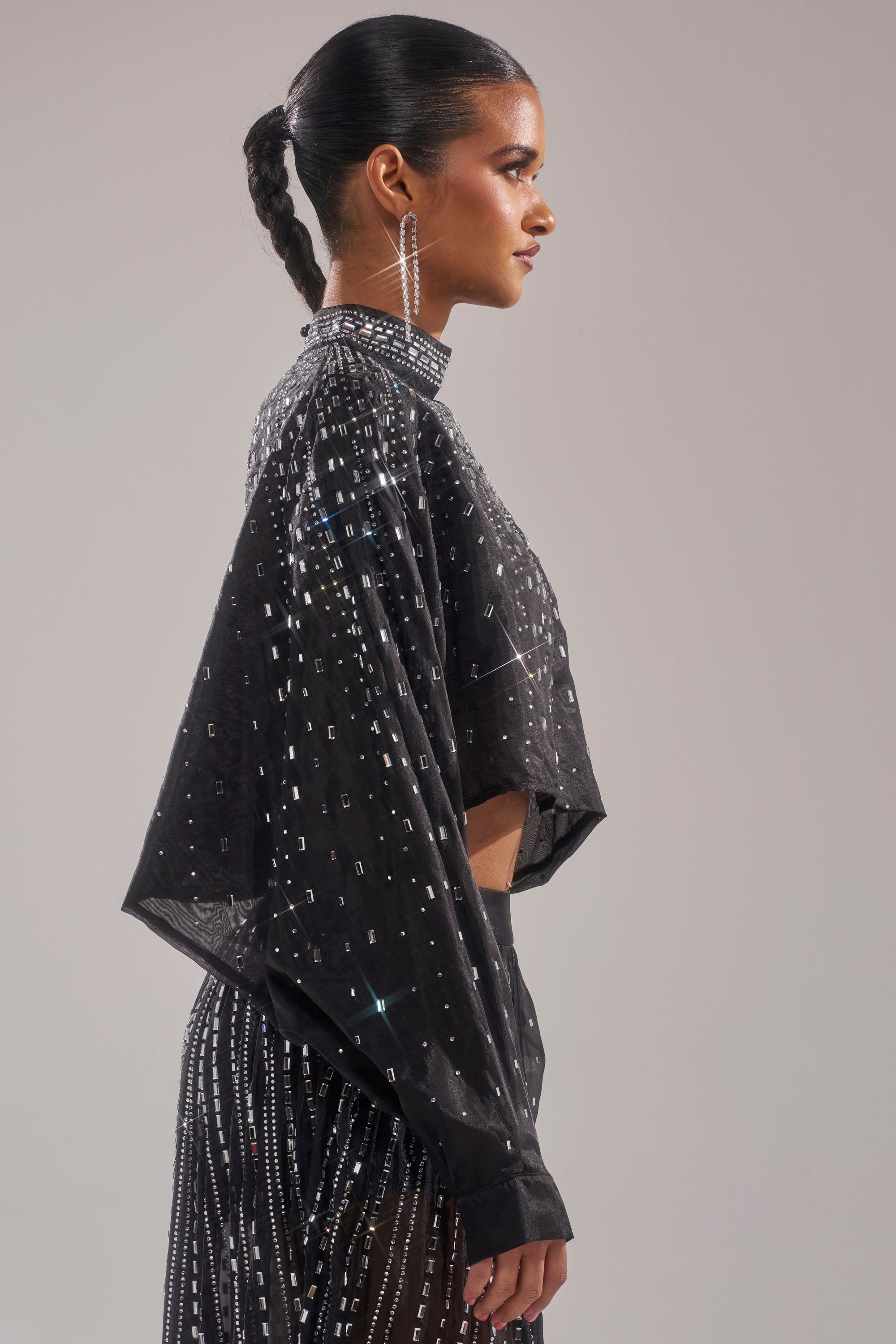 GLAMOROUS RHINESTONE MOCK NECK BLOUSE
