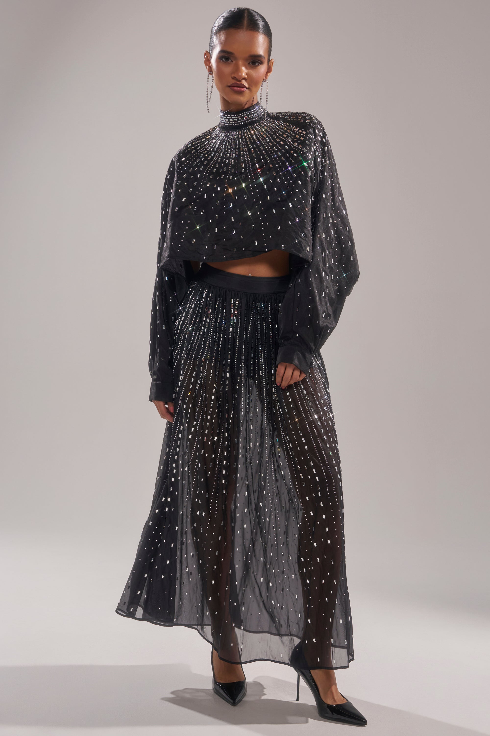 GLAMOROUS RHINESTONE MOCK NECK BLOUSE