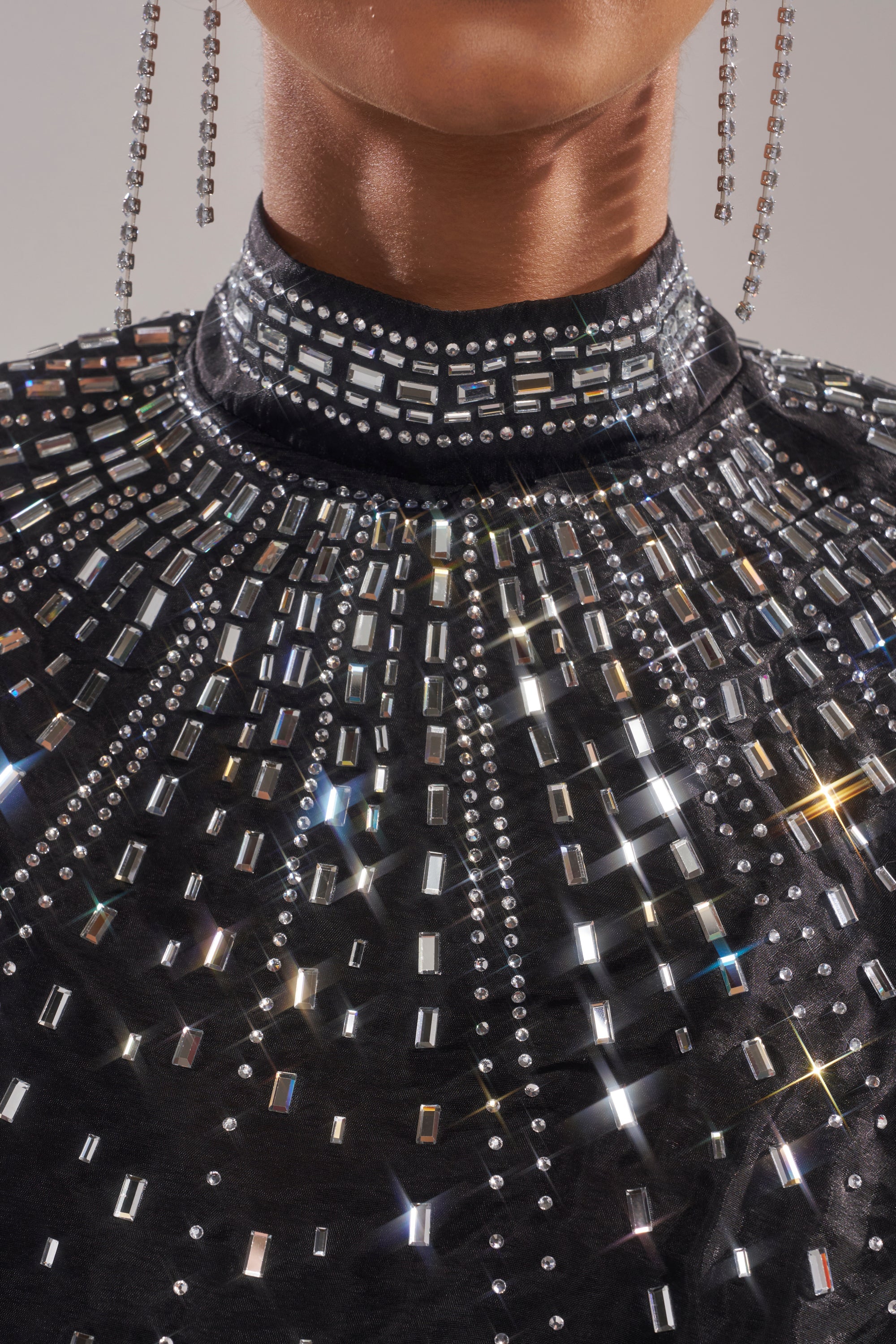 GLAMOROUS RHINESTONE MOCK NECK BLOUSE