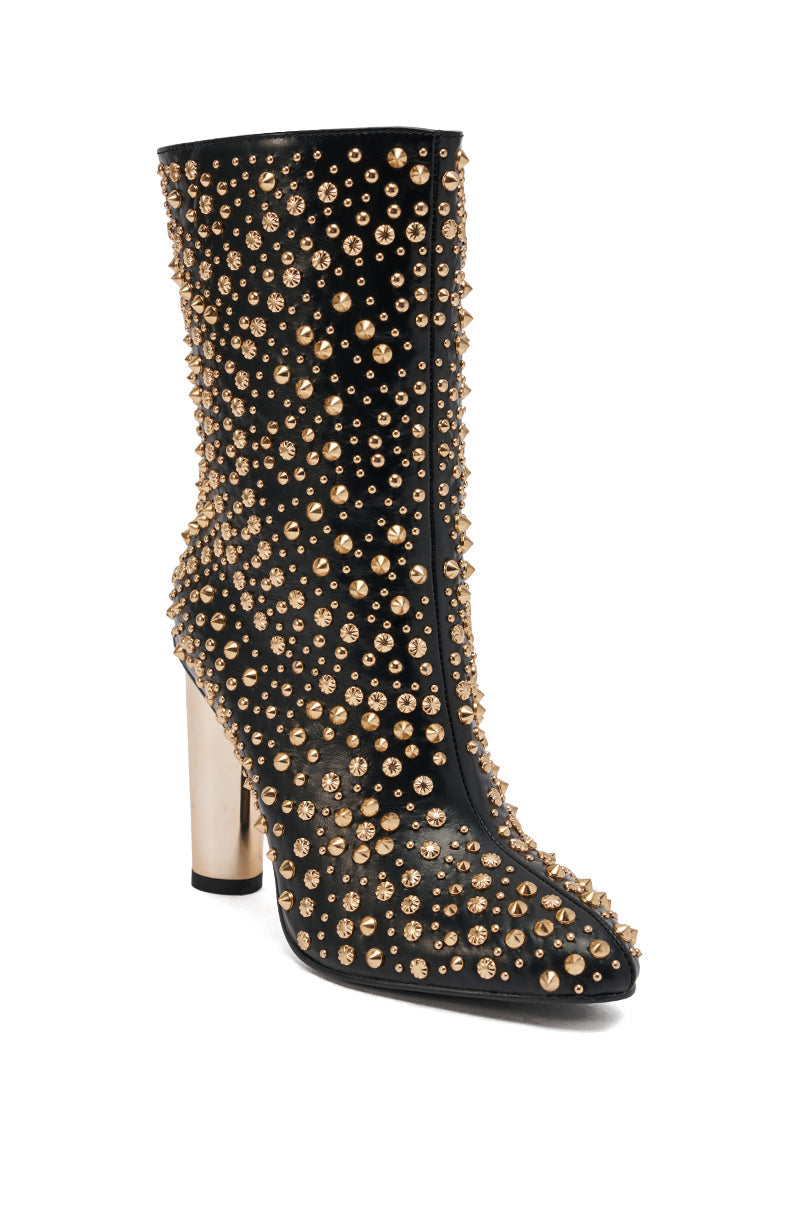 AZALEA WANG GREHGAN BLACK EMBELLISHED CHUNKY HEEL BOOTIE
