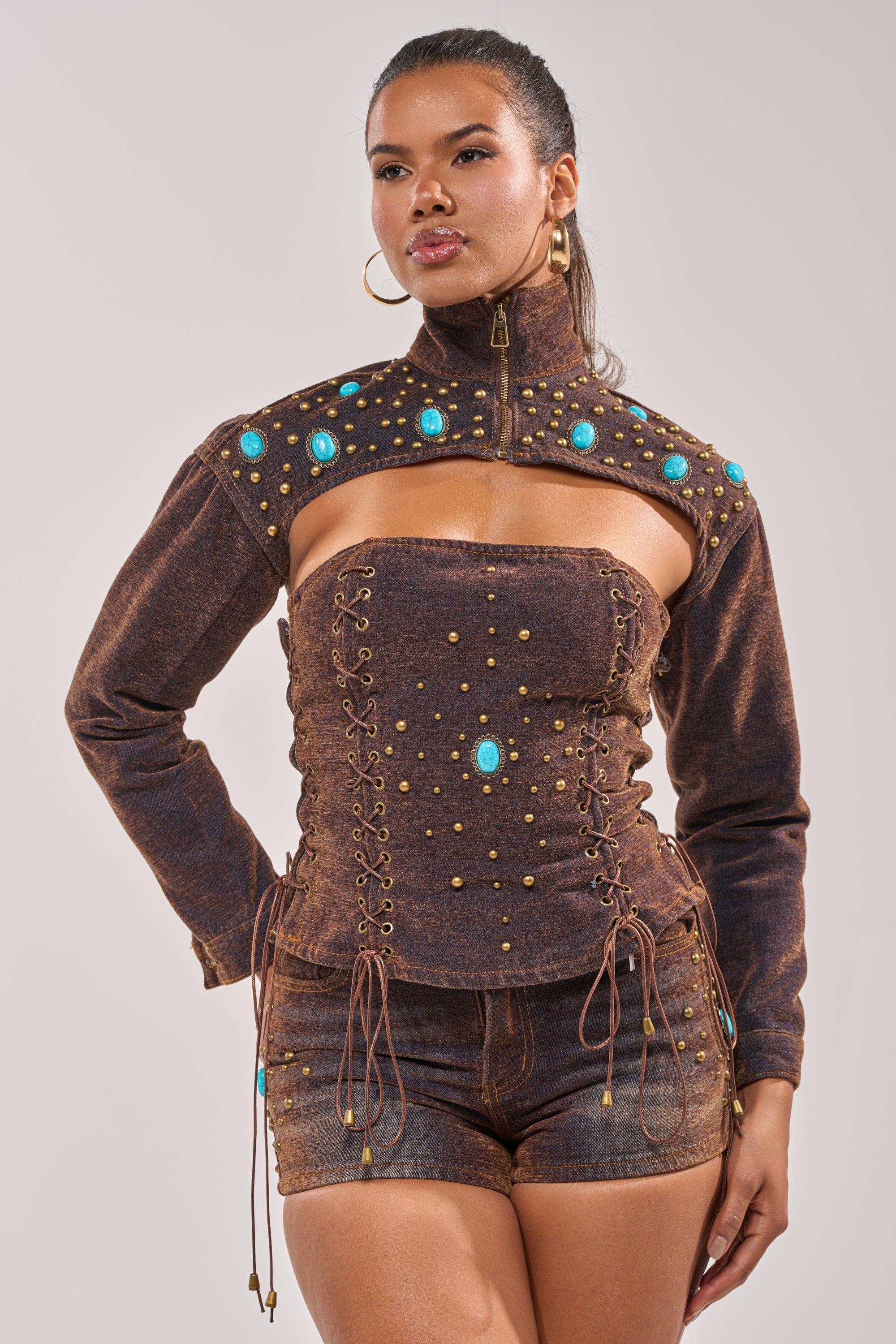 INDIGO STUDDED DENIM BOLERO