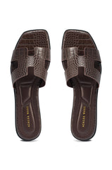 AKIRA HOWDY BROWN CROC SLIP ON FLAT SANDAL