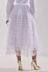 STARS ALIGNED MESH RUFFLE MAXI SKIRT IN WHITE