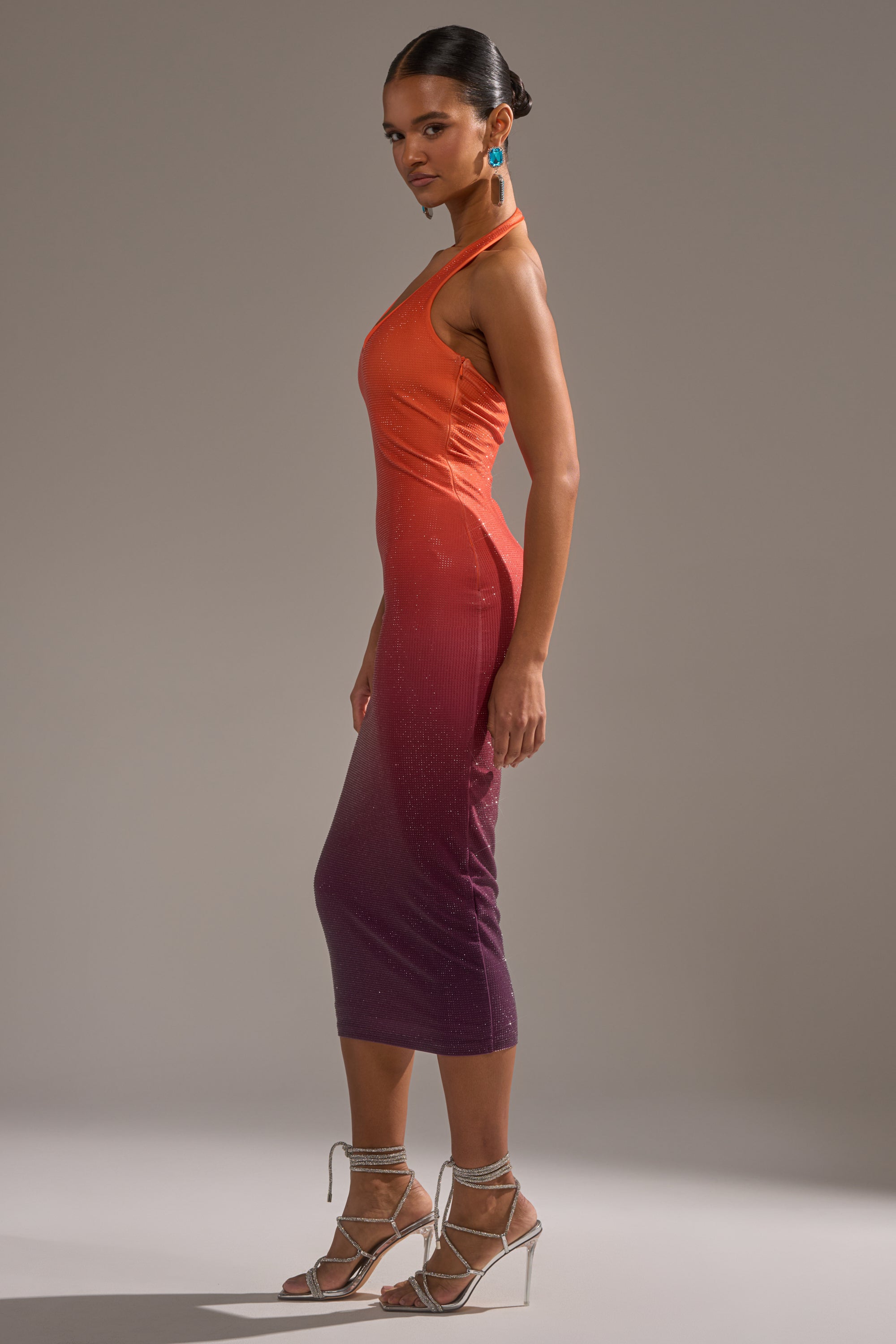 DUSK TILL DAWN RHINESTONE MIDI DRESS IN ORANGE