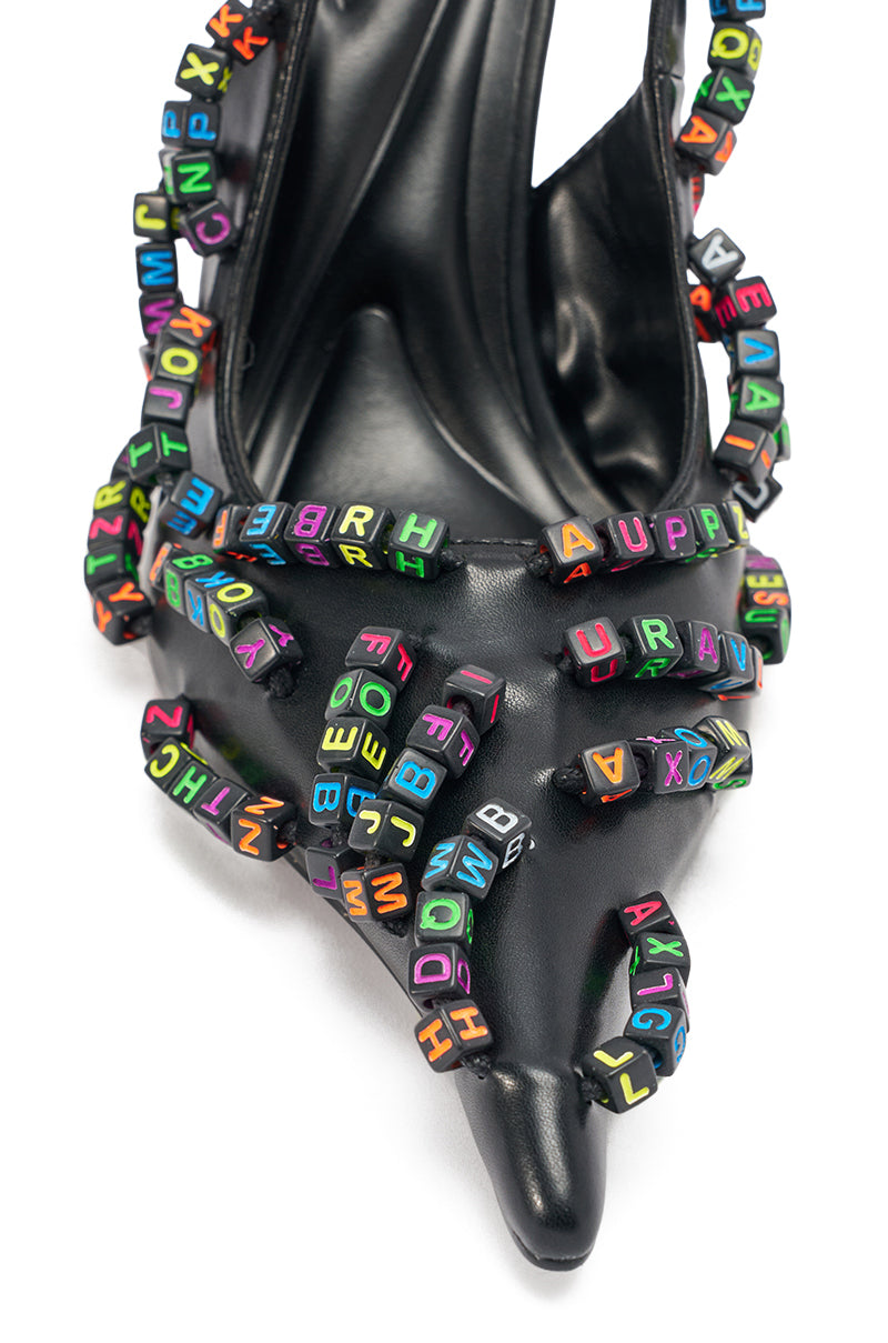 AKIRA LETTER BEAD EMBELLISHED SLING BACK NOVELTY PUMP