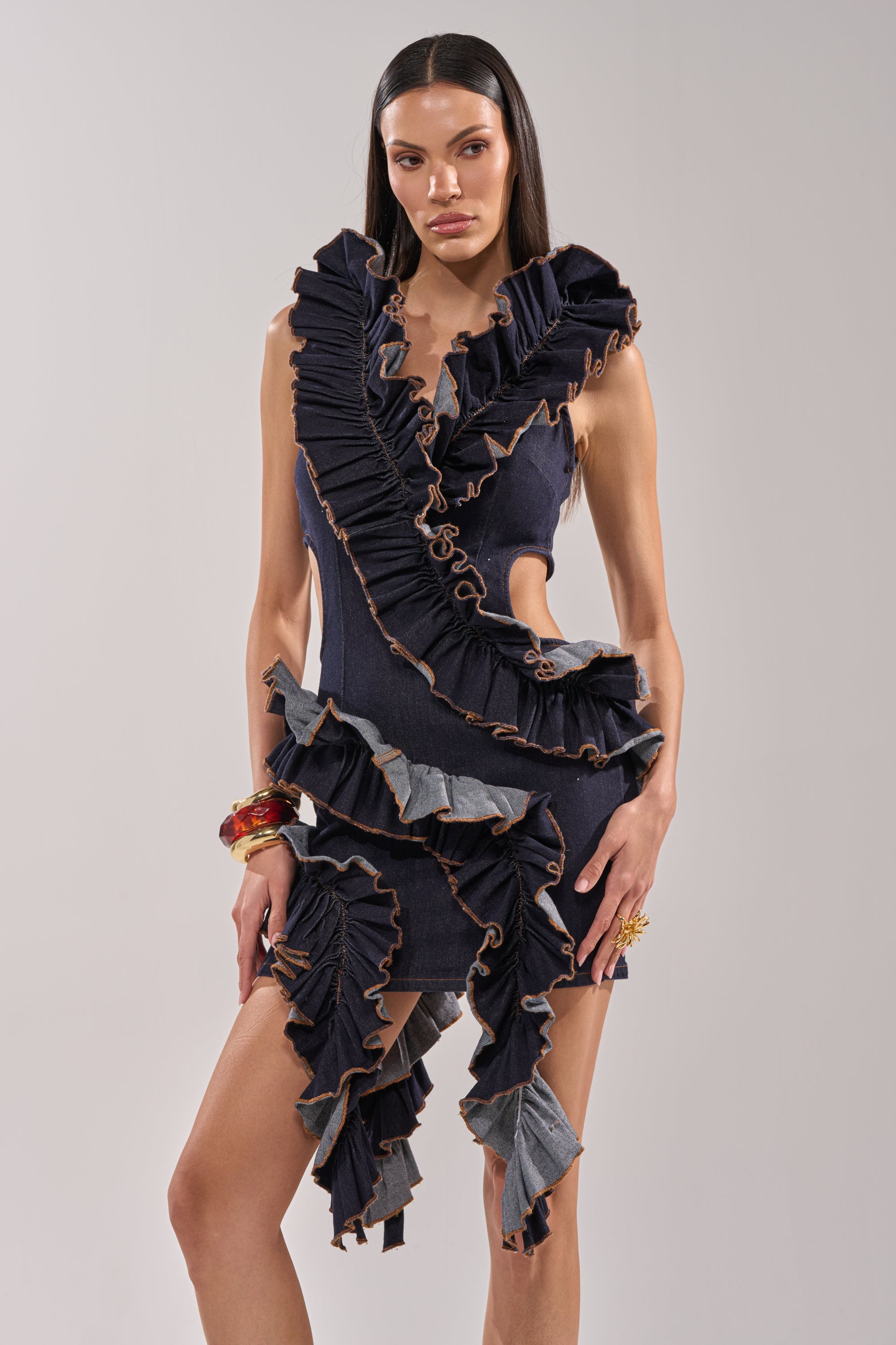 SAY IT AGAIN RUFFLED DENIM MINI DRESS IN DARK BLUE DENIM