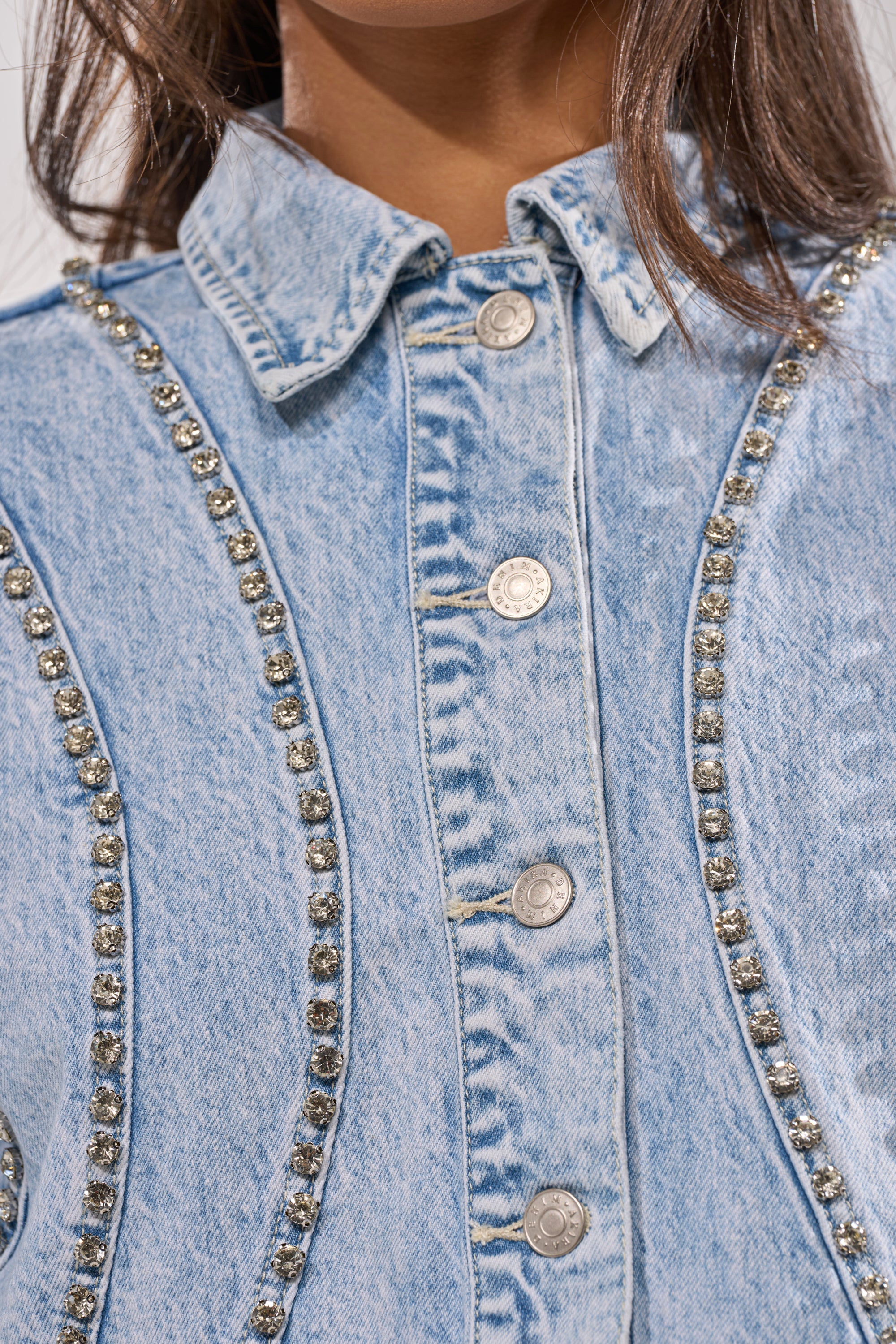 EXTRA EXTRA EMBELLISHED DENIM JACKET IN LIGHT BLUE