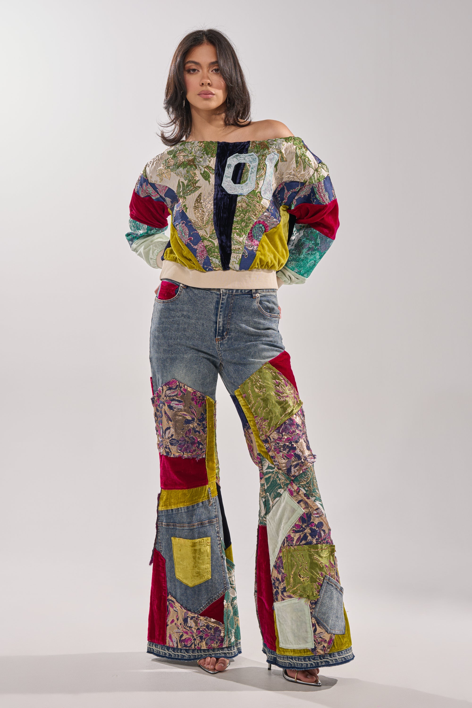 MIXED EMOTIONS BROCADE PATCHWORK FLARE DENIM