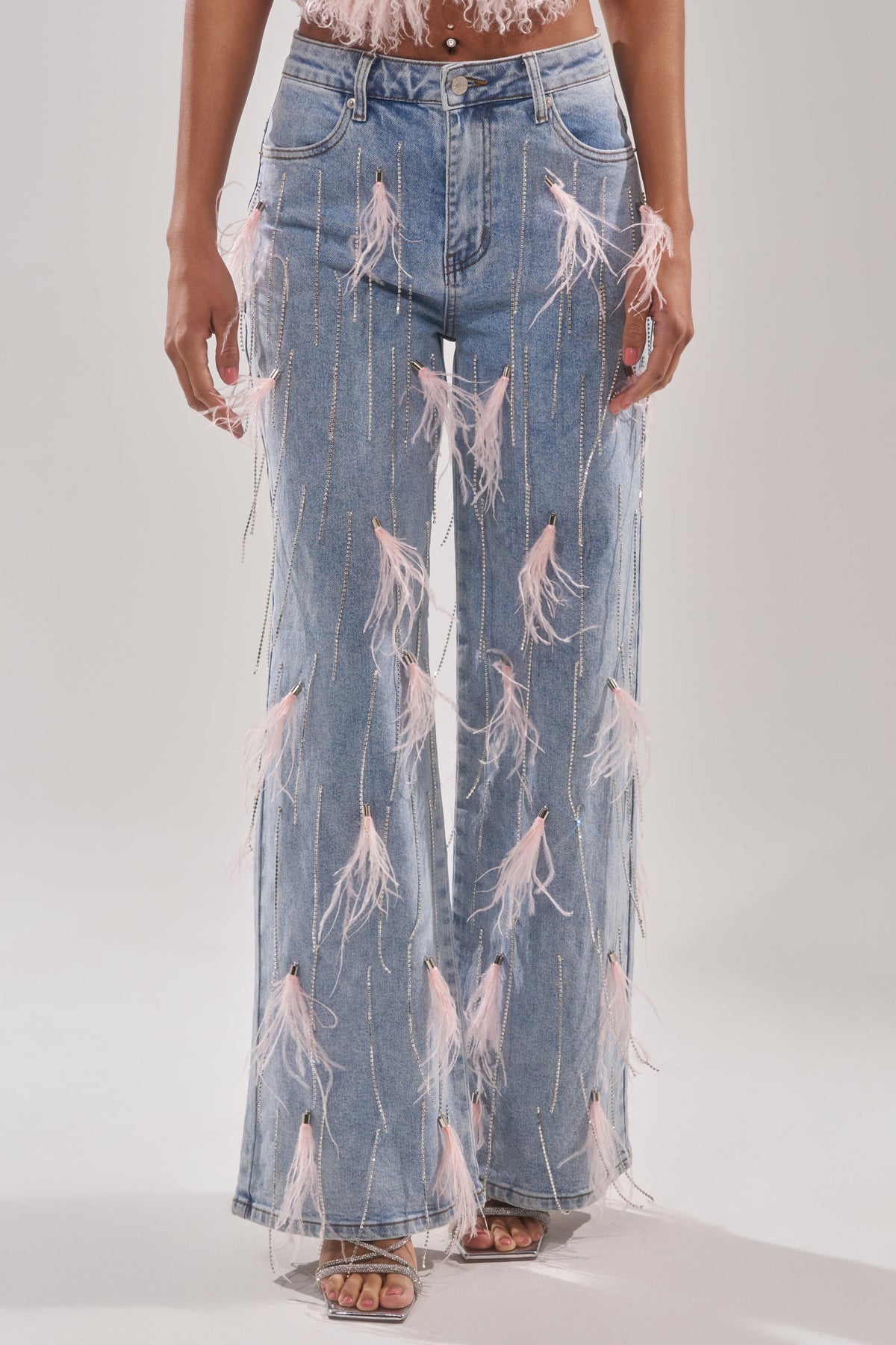 SHAKE IT FOR ME GIRL PINK FEATHER EMBELLISHED DENIM
