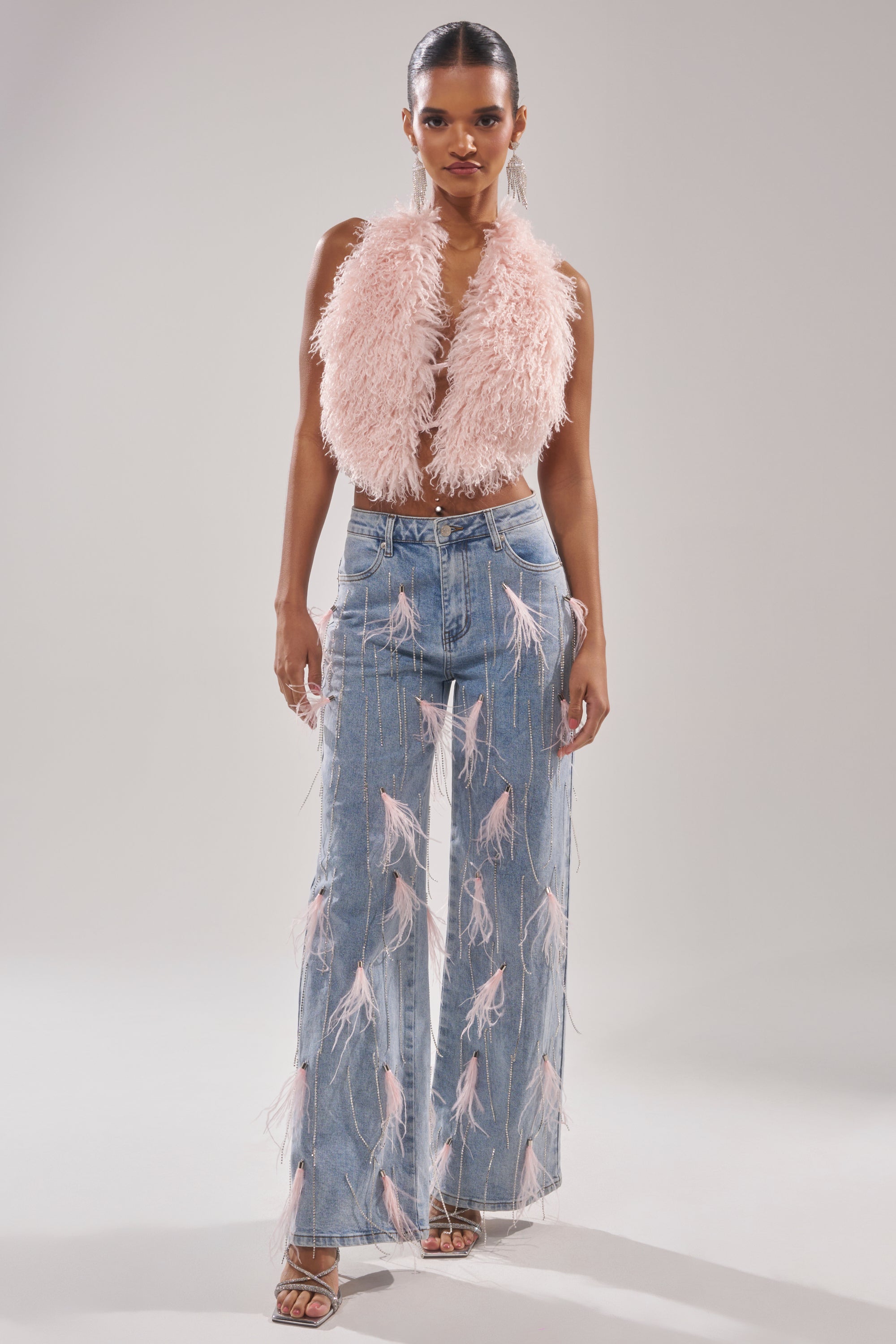 SHAKE IT FOR ME GIRL PINK FEATHER EMBELLISHED DENIM