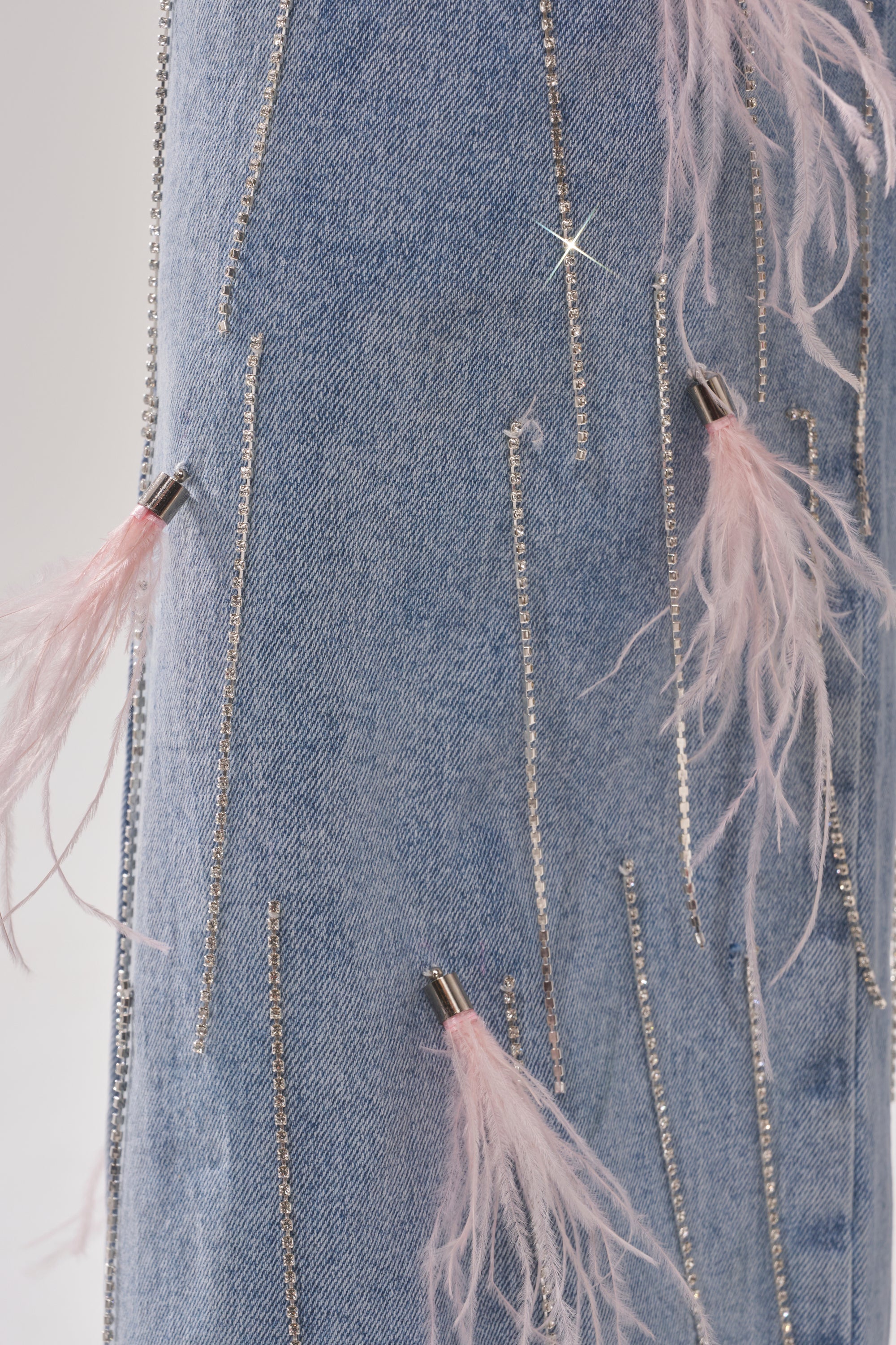 SHAKE IT FOR ME GIRL PINK FEATHER EMBELLISHED DENIM