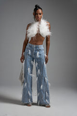 SHAKE IT FOR ME GIRL WHITE FEATHER EMBELLISHED DENIM
