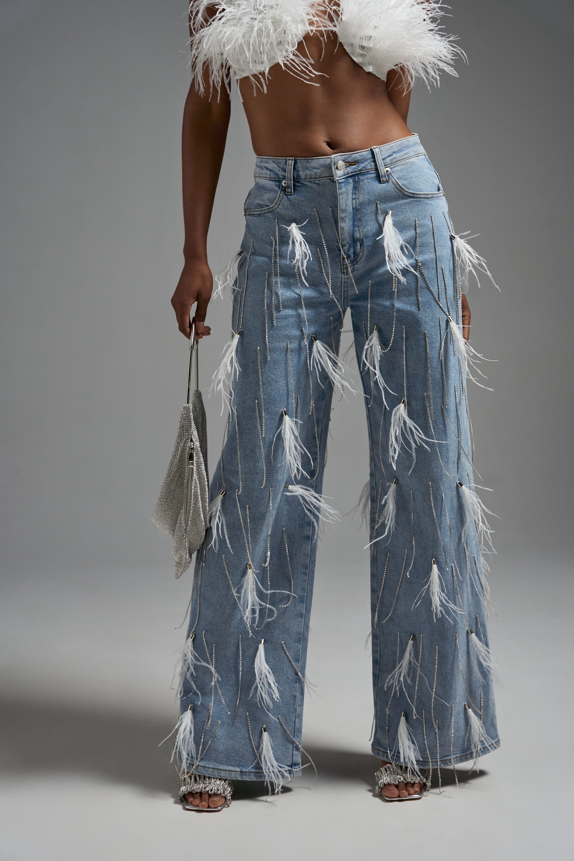 SHAKE IT FOR ME GIRL WHITE FEATHER EMBELLISHED DENIM