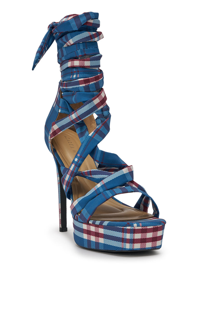 AZALEA WANG JEMISHA BLUE PLAID PRINT PLATFORM STRAPPY SANDAL