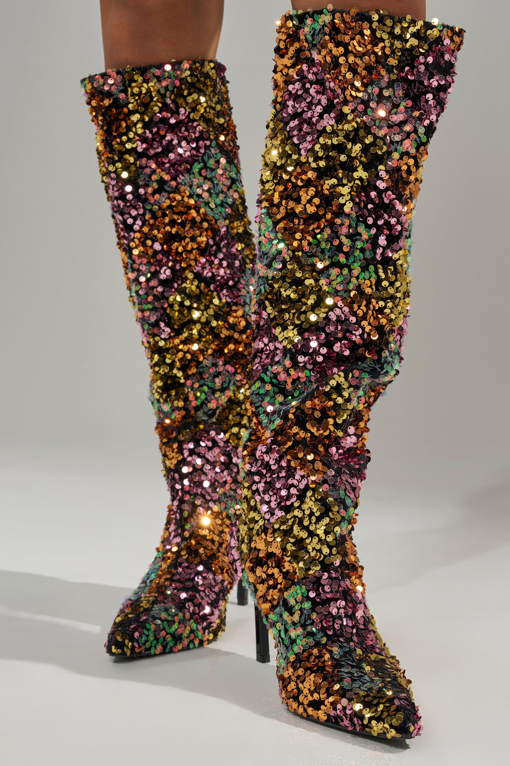 AZALEA WANG JIMENA MULTI GOLD SEQUIN KNEE HIGH STILETTO BOOT