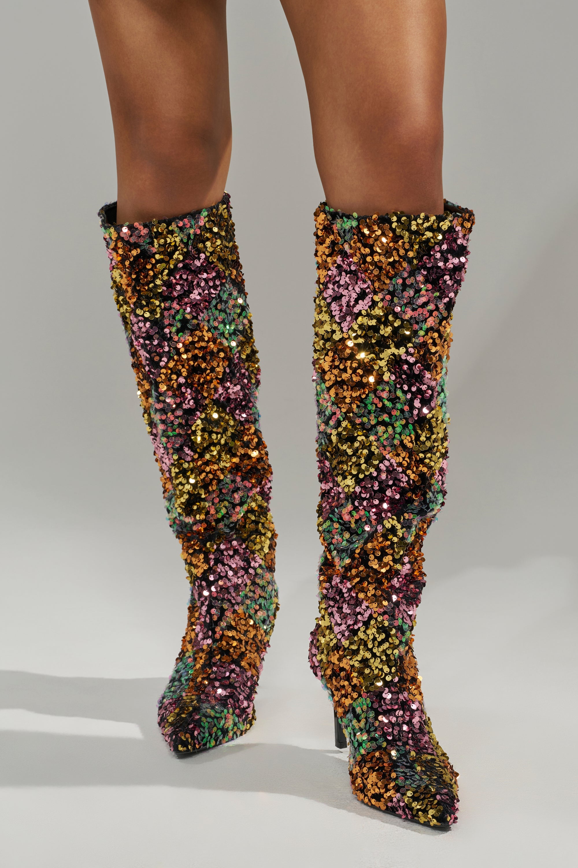 AZALEA WANG JIMENA MULTI GOLD SEQUIN KNEE HIGH STILETTO BOOT