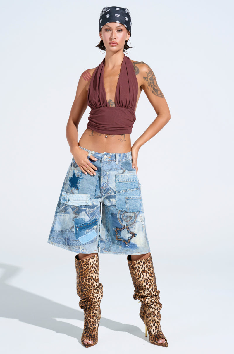 PAXTON SEXY RUCHED PLUNGE MESH HALTER TOP