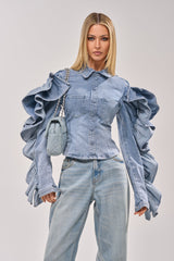 DREA RUFFLE SLEEVE DENIM BUTTON DOWN