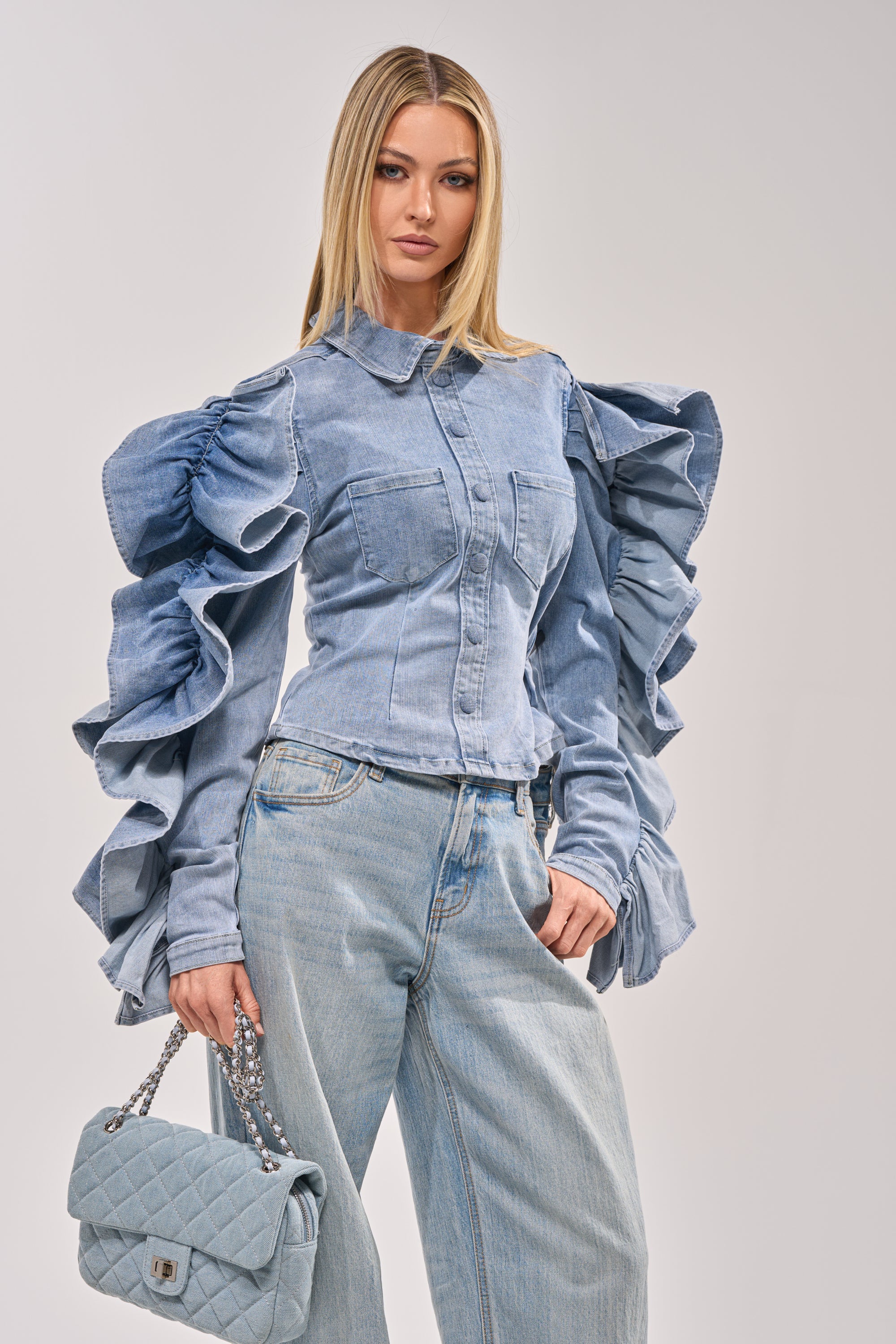 DREA RUFFLE SLEEVE DENIM BUTTON DOWN